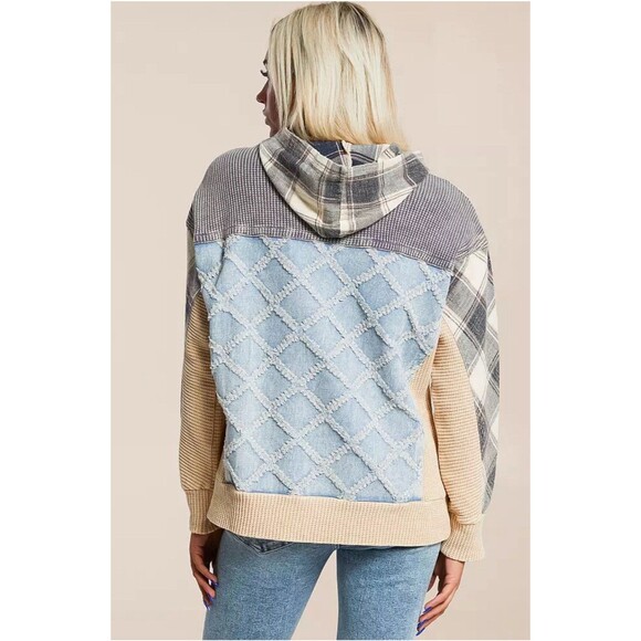 BKE Buckle Henley Pullover Hoodie Plaid Textured Women’s Large - Picture 2 of 12